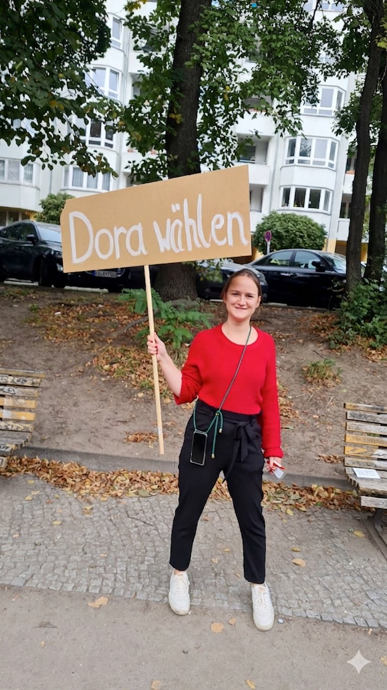 Dora Oswald mit Dora-wählen-Schild im Kiez